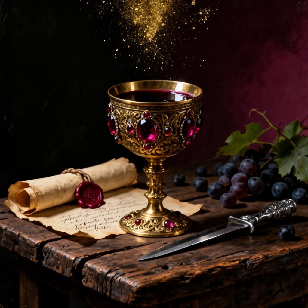 Cálice real cravejado de rubis sobre mesa medieval com pergaminho selado