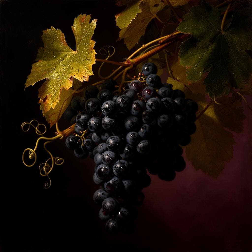 Cacho de uvas tintas com folhas douradas em pintura barroca