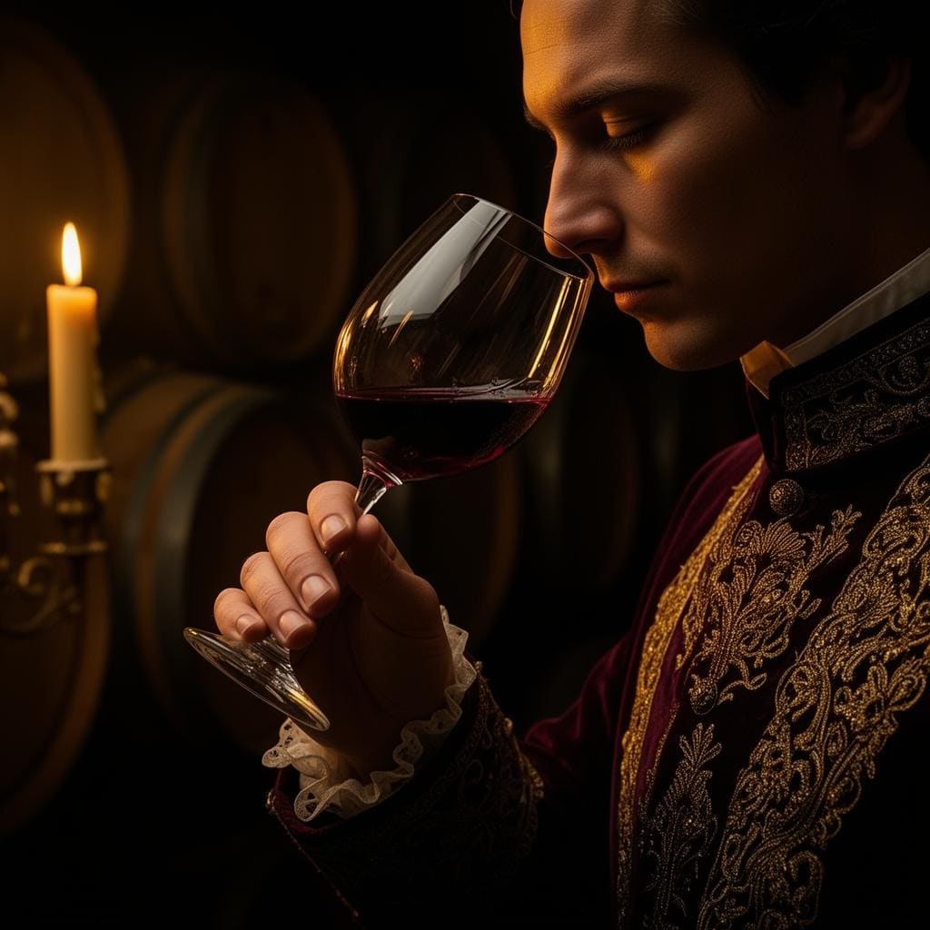 Sommelier inspirando o aroma do vinho à luz de vela