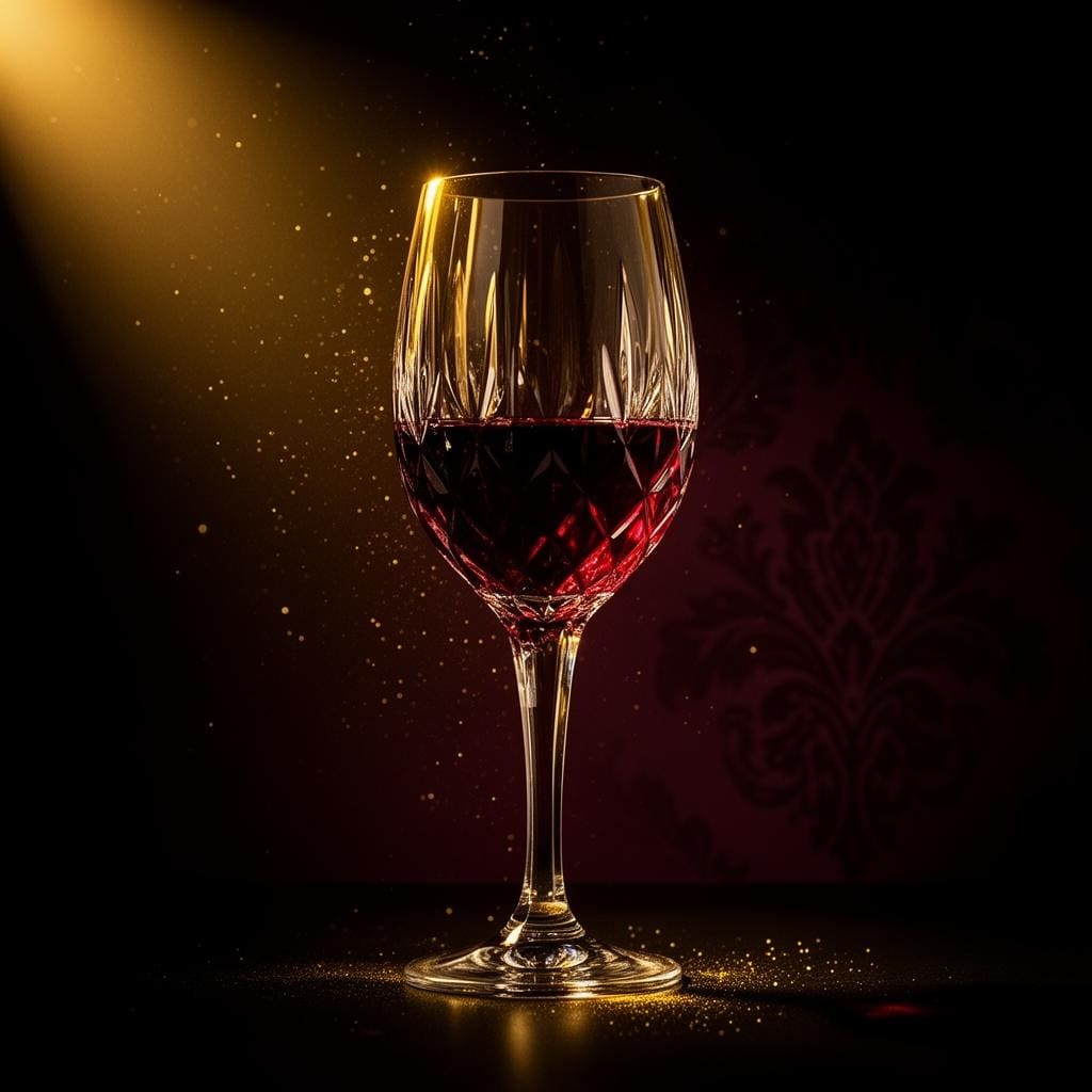 Taça de cristal com vinho tinto profundo iluminada por luz dourada