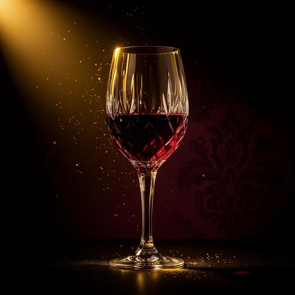 Taça de cristal com vinho tinto profundo iluminada por luz dourada
